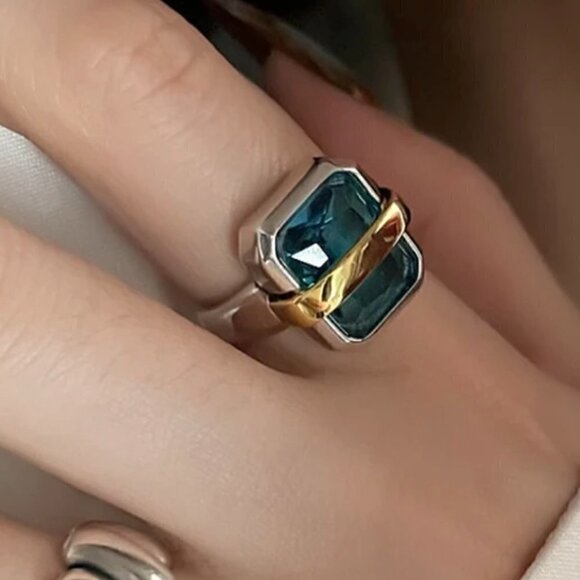 TWO RING SET Adjustable Silver Tone Faux Blue Zircon and Wrap Rings (#1367) - Picture 11 of 16